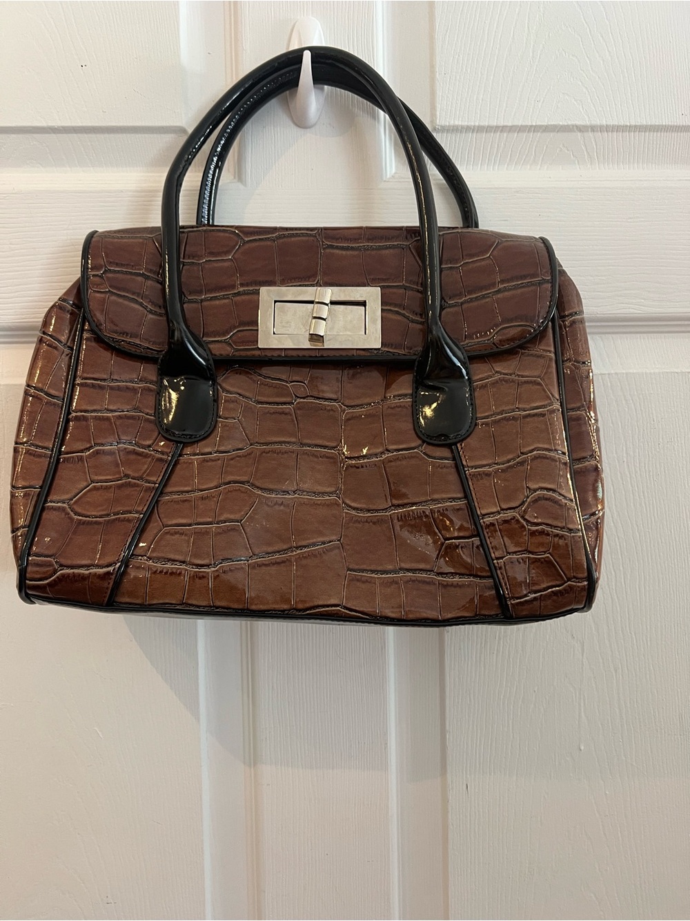 White House Black Market Brown Croc-Embossed Patent Satchel Handbag